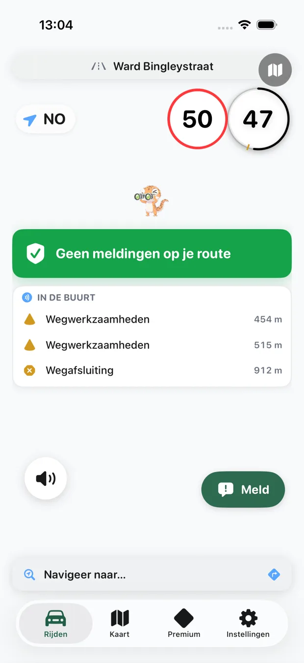 Gecko Rijden-scherm: snelheid 47 binnen de limiet van 50, meldingen in de buurt